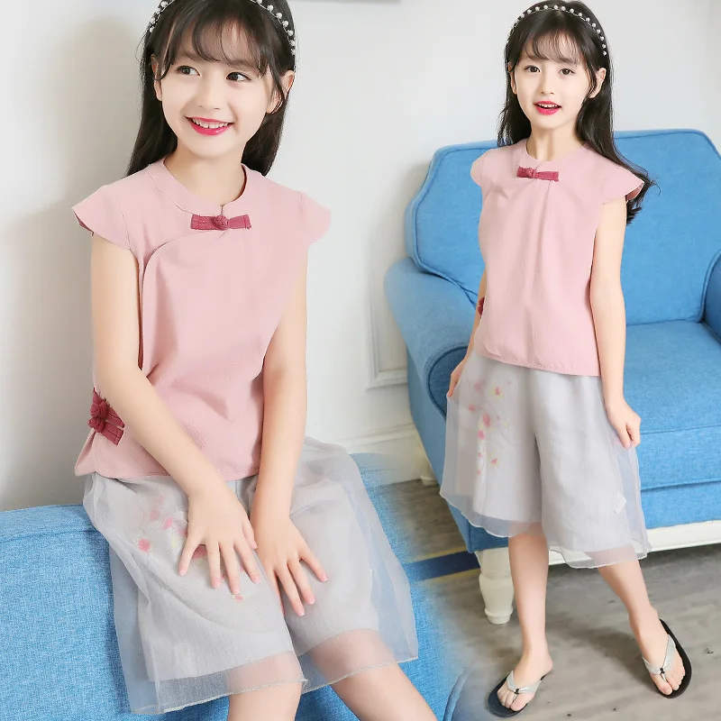 Летняя одежда для девочек Новая летняя детская одежда для девочек в китайском стиле с короткими рукавами комплект из двух предметов для малышей От 2 до 12 лет - Цвет: Pink