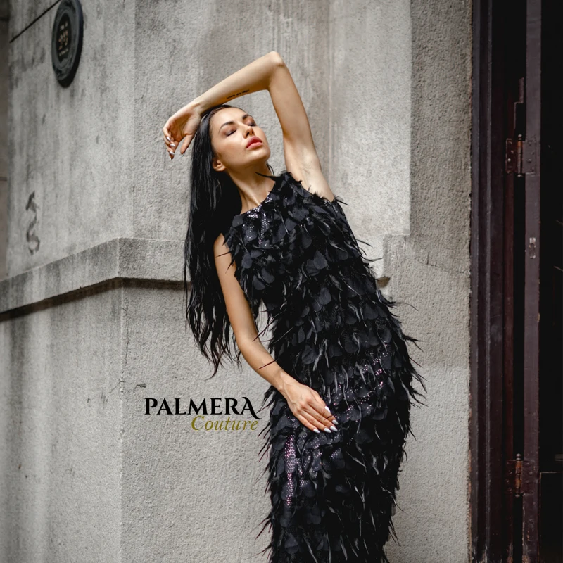Palmera Couture без рукавов платье, украшенное перьями и блестками, длина до пола вечернее вечерние Элитная одежда yz20190011