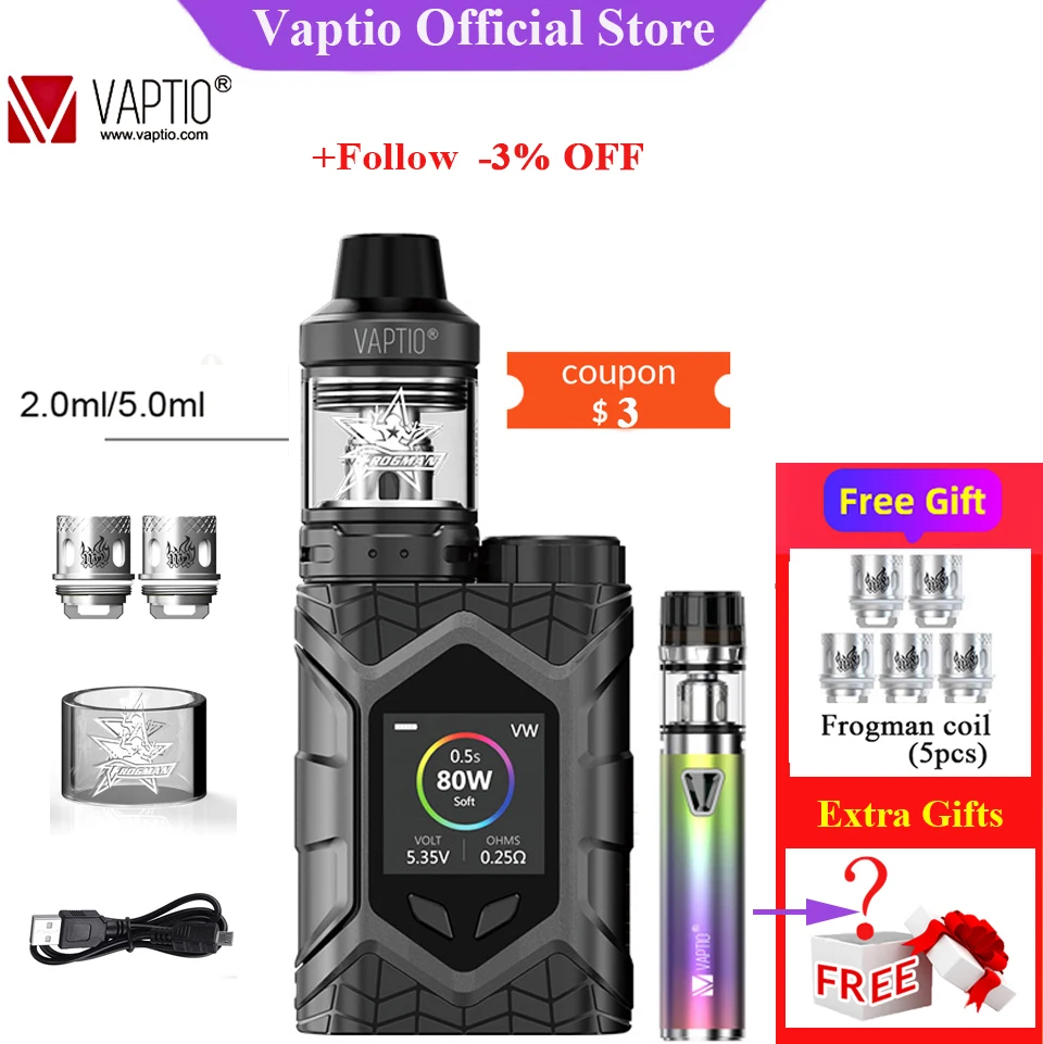

Original Vaptio Wall Crawler KIT 80W FROGMAN TANK 5.0ML Vapor Kit Support 1PC 18650 Battery TCR 1.3inch Screen No Battery