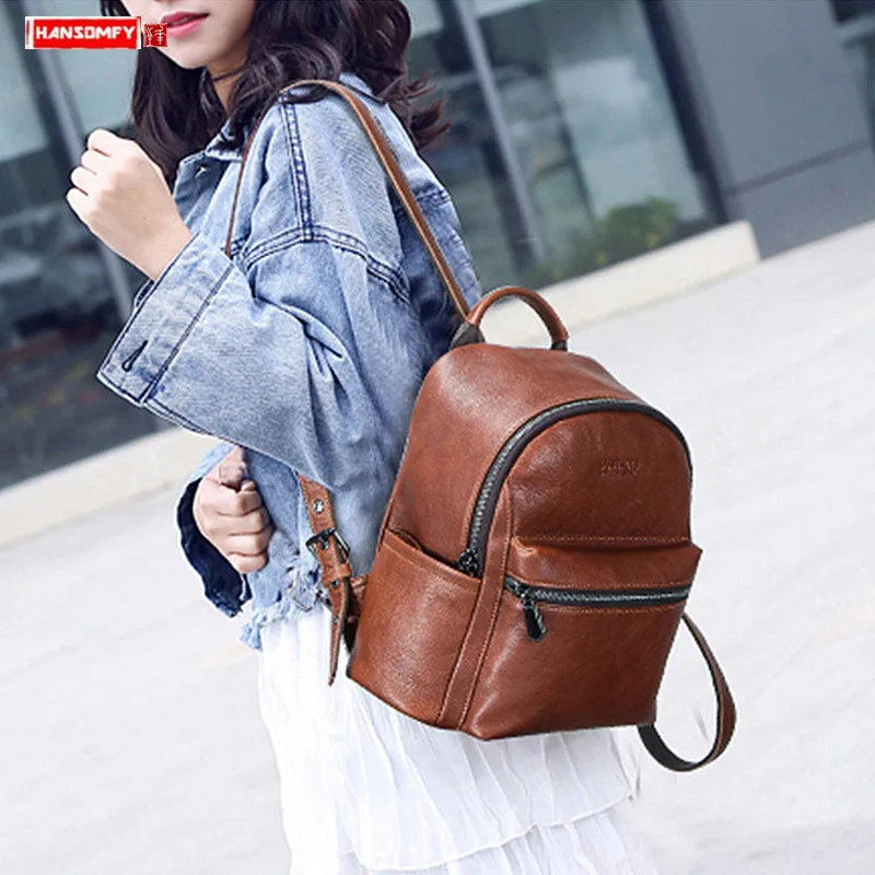 Fashion Trend Women's Backpack IPAD Female Small Genuine Leather Backpacks Can Hold 7.9 Inch Cow Solid Bag Dig a | Багаж и сумки