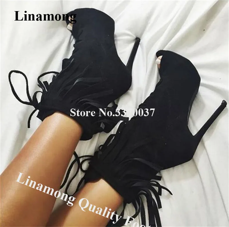 

Linamong Charming Peep Toe Suede Leather Stiletto Heel Tassels Short Gladiator Boots Lace-up Fringes Ankle Booties Dress Heels