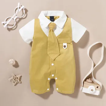Summer Newborn Baby Boys Romper Short Sleeve Gentleman Tie Jumpsuit Infant Outfits Formal Child Boy Clothes 3 6 9 12 18 Months 3