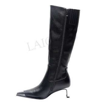 

LAIGZEM Knee High Boots Genuine Leather Square Silver Heels Boots Patent Matte Side Zip Winter Shoes Zapatos Mujer Size 33 39 40