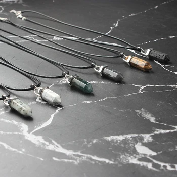 LanLi Hexagonal Column Necklaces Natural Crystal Pendants Stone Pendant Leather Chains Necklace For Women Fashion Jewelry