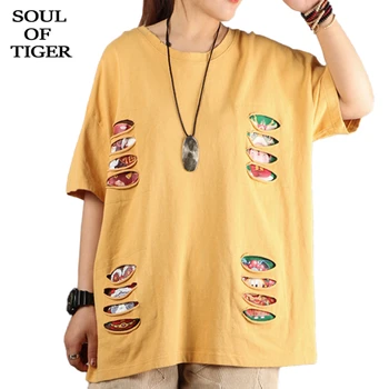 

SOUL OF TIGER 2020 Summer Fashion Ladies Punk Style Tee Shirts Womens Holes Printed T-shirts Female Loose Cotton Tops Plus Size