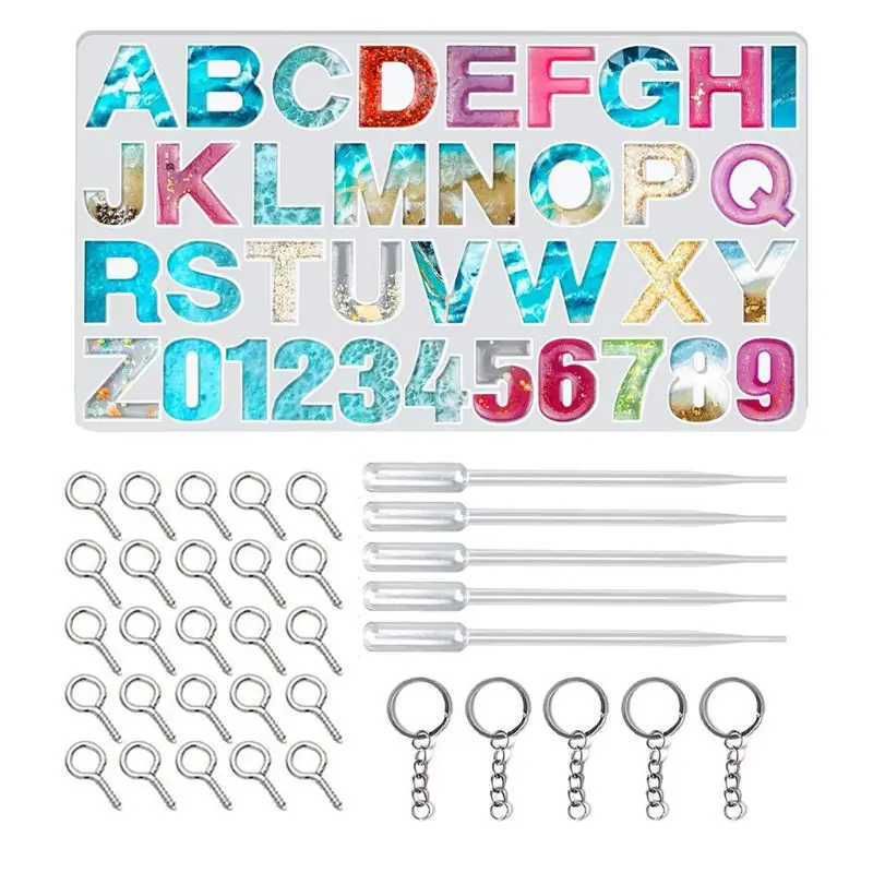 

Alphabet Resin Silicone Molds with Key Rings Screw Eye Pins Pipettes for DIY House Number, Resin Keychains