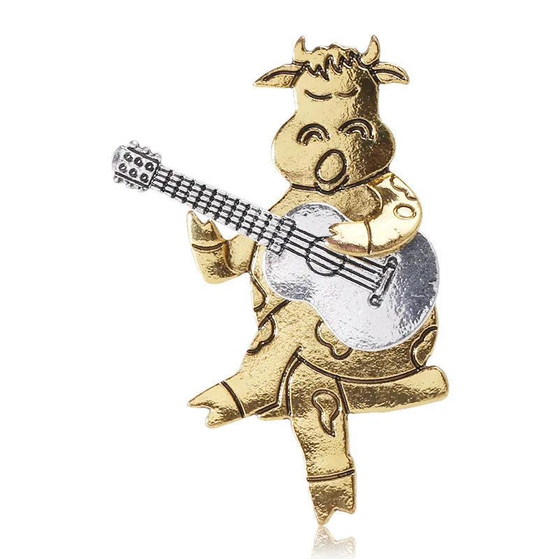 

Playing Guitar Bull Cattle Cow Brooches For Women Men Cute Animal Enamel Pin New Year Party Brooch Pins Jewelry Christmas Gift