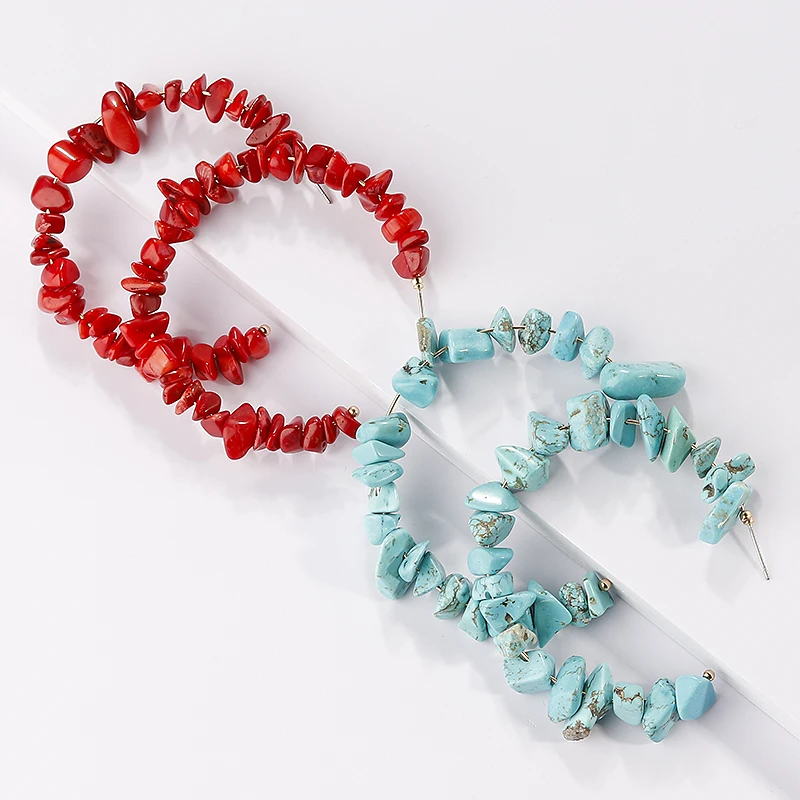 AMORCOME Bohemia Beads серьги-кольца для женщин новые винтажные красные синие каменные массивные серьги Открытый круг вечерние ювелирные изделия подарок