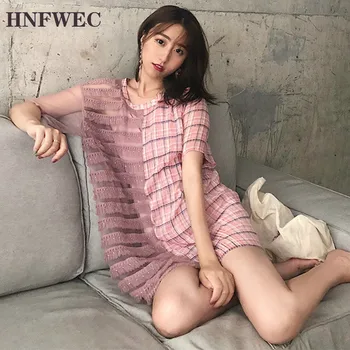 

2020 New Round Neck Short Ruffles Pleated Organza Patchwork Plaided Loose Dress Female Vacation Vestido A232