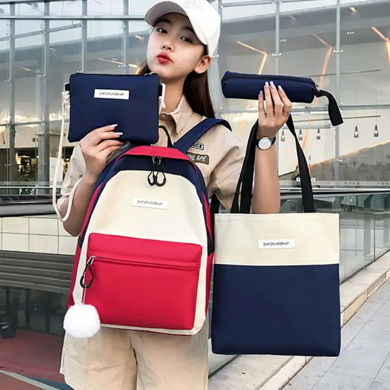 

4pcs Canvas Backpack Patchwork Daypacks School Shoulder Bags Bookbag Pencil Case Set for Student Teen Girls