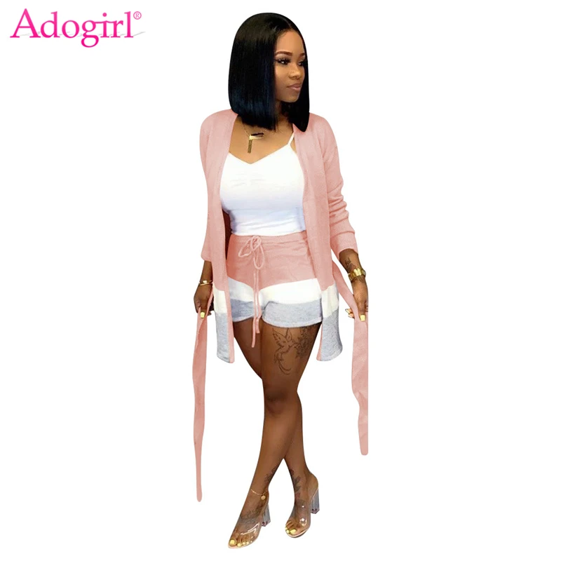 

Adogirl Stripe Color Patchwork Cashmere Two Piece Set Women Fashion Casual Suit Long Sleeve Cardigan with Sashes + Shorts Outfit