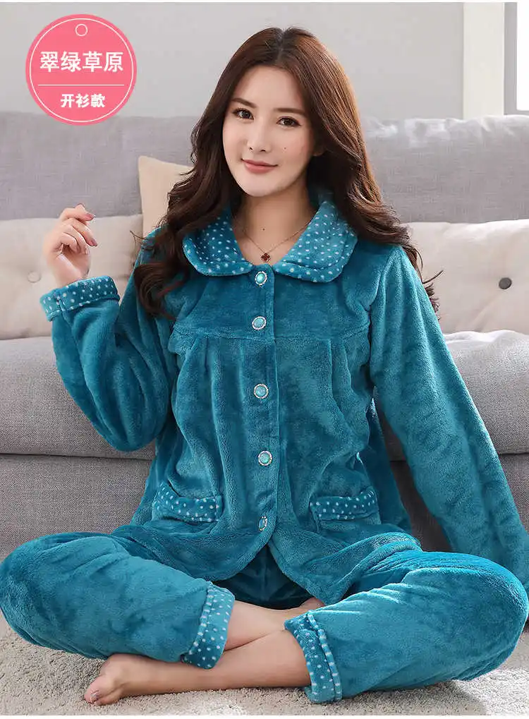 Warm Flannel Pajamas Set For Women Thick Coral Velvet Long Sleeve Pyjamas Sets nightgown Pijama Suit Mujer female Homewear silk pajamas