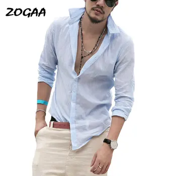 

ZOGAA Fashion Mens White Sexy Beach Shirts Long Sleeve Shirt Brand Male Slim Fit Casual camisa masculina pure cotton