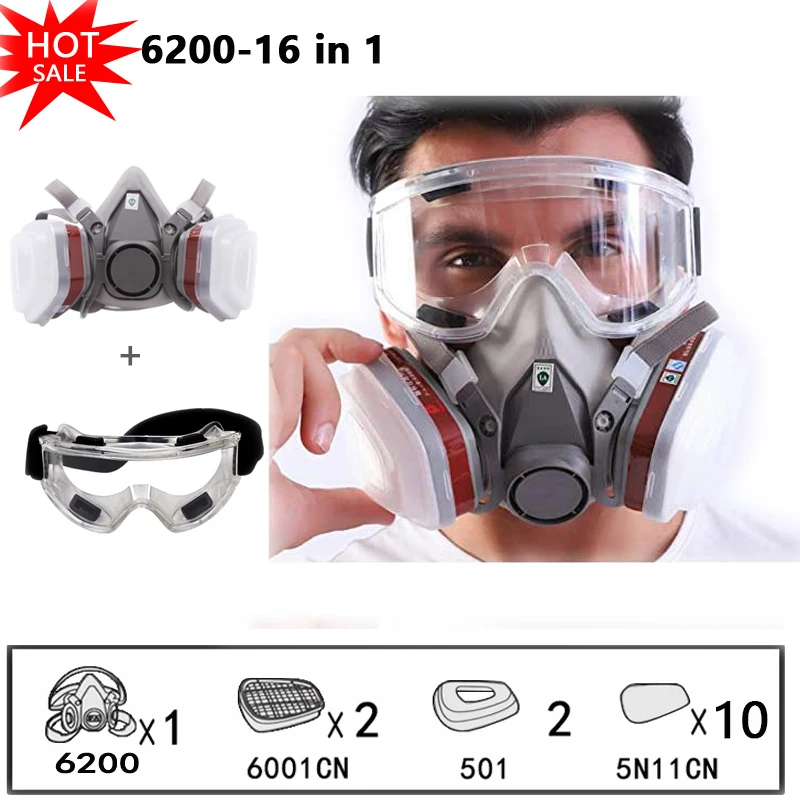 

6200 Gas Mask With Anti-Fog Glasses Paint Spraying Safety Work Half Face Respirator Industry Dust Mask With Filter Widely Used