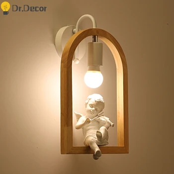 

Nordic Angel Bird LED Wall Lamp for Bedroom Wooden E27 Wall Lights for Home Mounted Metal Bedside Lighting Bar Wall Sconce Lamp