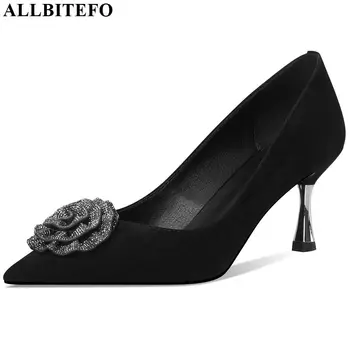 

ALLBITEFO fashion Rhinestone women heels natural genuine leather high heel shoes classic wedding girl party ladies shoes