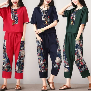 

2020 women chinese traditional set retro print floral tang suit year china oriental satin ethnic tops+pants set chinese clothes