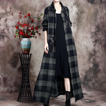 

2020 Autumn New Product Original Women's Clothing Literary Grid Jacket Simplicity Slim Long Cotton and Linen Cardigan