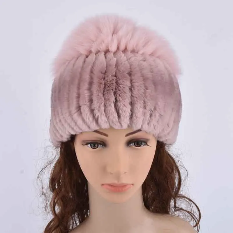 Women Real Fur Hats Beanies Winter Knitted Rex Rabbit Fur & Silver Fox Fur Caps 