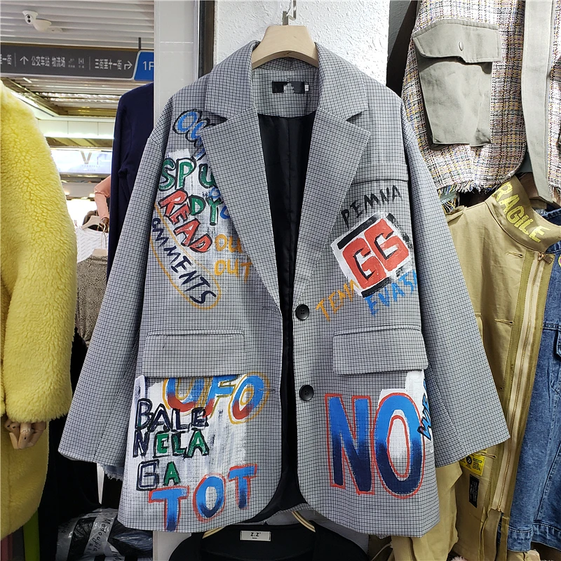 

spring new letter print blazer crowd graffiti British style sub-casual loose suit women's coat Hong Kong wind blazer