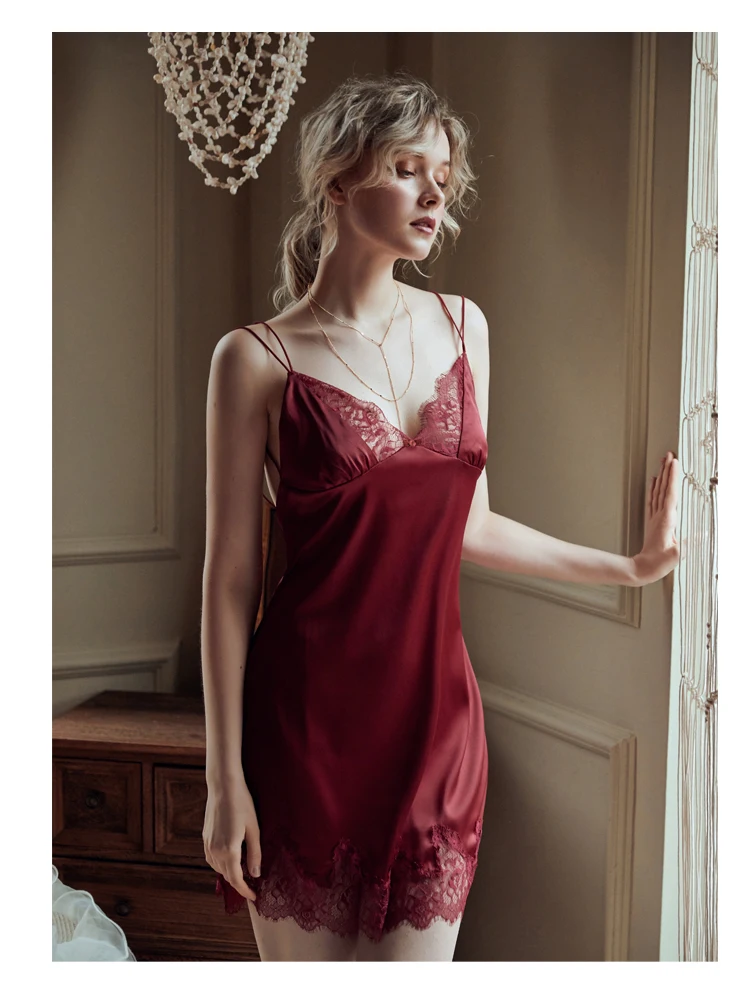 Новое красное сексуальное женское белье, Шелковый Атласный кружевной тонкий плечевой ремень, ночная рубашка, костюм для дома, ночная рубашка