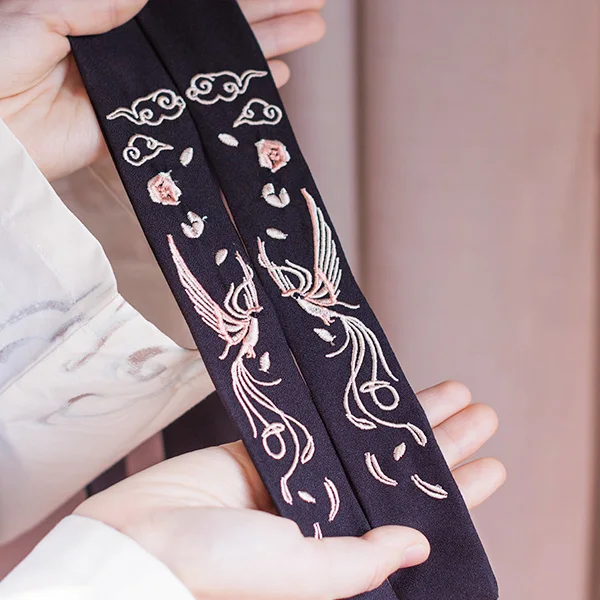 Стиль Bianhua Hanfu вышитая лента для волос супер фея Manzhu Shahua веревка для волос в китайском стиле аксессуары для волос к костюму женский - Цвет: Phoenix black