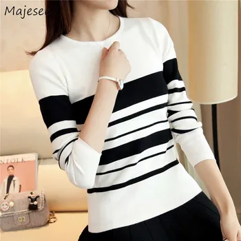 

Pullovers Women Slim Striped Knitted Pullover Sweaters Womens Simple All-match Ladies Causal Soft Korean Style Chic O-Neck New