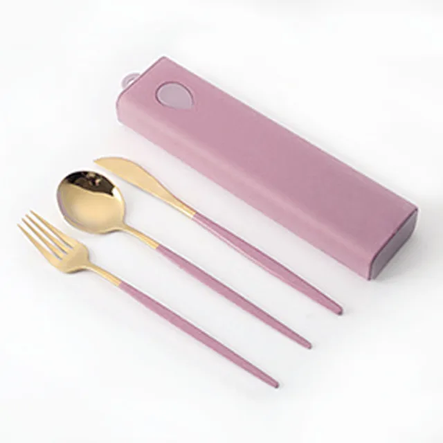 3PCs/4PCs Glossy Stainless Steel Tableware Spoon Fork Knife Straw Reusable Travel Cutlery Set Camp Utensils Set Portable Case C-Hot Pink