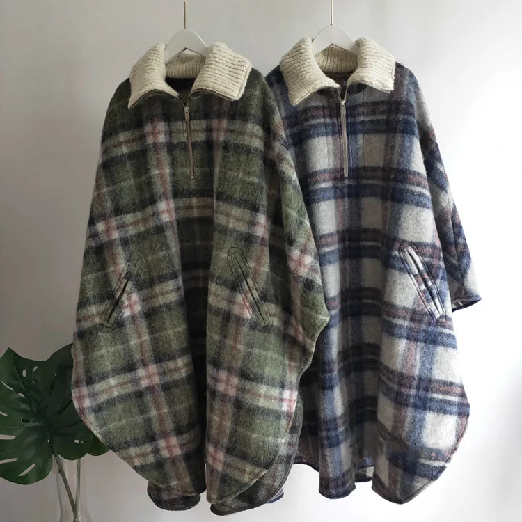 

2019 NEW Wool Blend Gabin Checked Cape Coat Oversized LONG cloak Zipped Front Knitted Turn Down Collar Side POCKETS Autumn