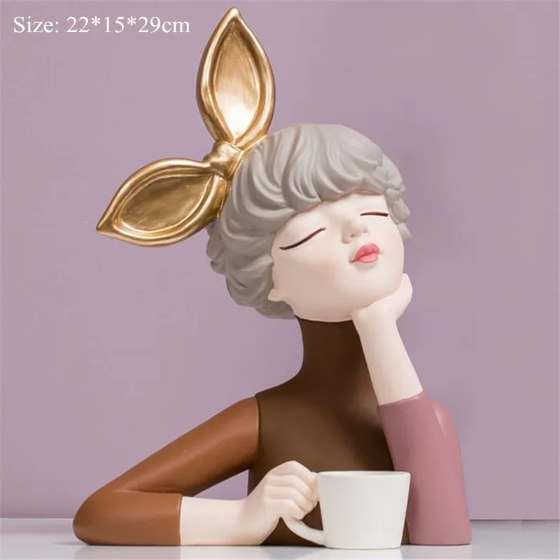 [HHT] Nordic Style Resin Crafts Statue Ornaments Modern Girl Bow Girls Home Decoration Living Room Furnishings Housewarming Gift