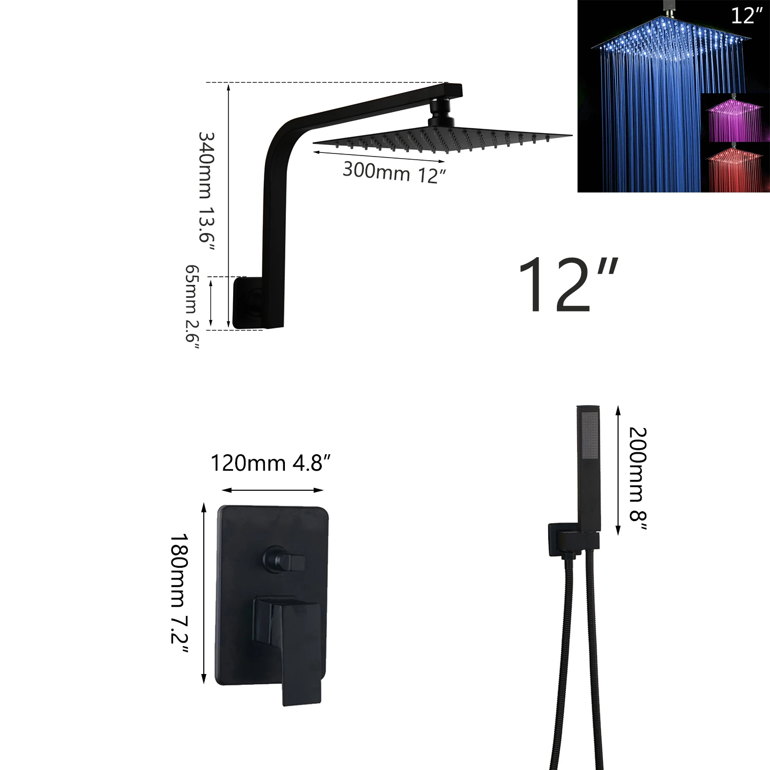 KEMAIDI набор для душа для ванной комнаты, набор для настенного крепления, Душевая система для ванной, насадка для душа с дождевой насадкой, смеситель для душа, комбинированный набор, матовый черный - Цвет: LED 12 Shower Set