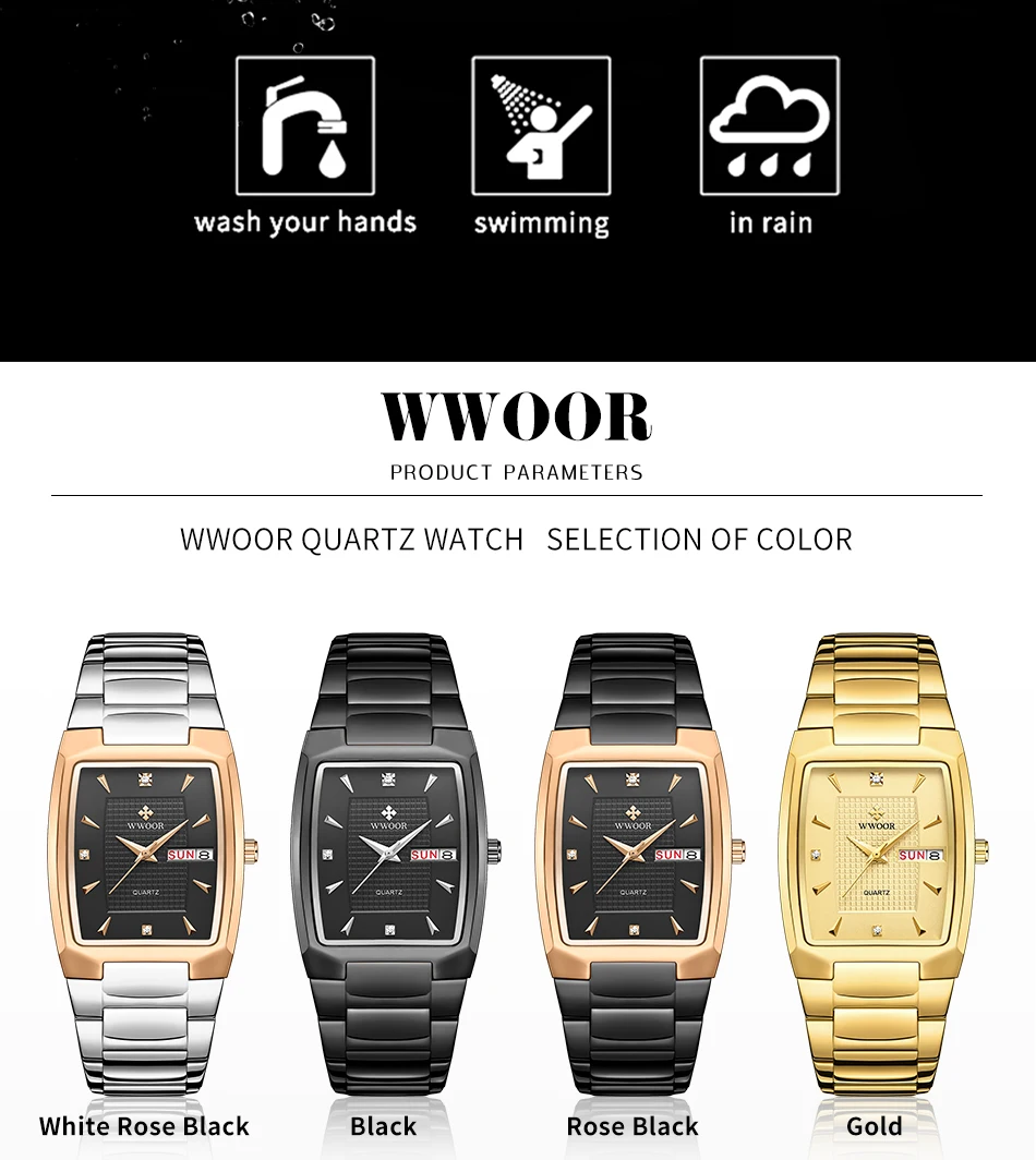 Watches Men WWOOR Brand Casual Simple Men's Quartz Clock Rose Gold Square Waterproof Week Display Wristwatches Relogio Masculino