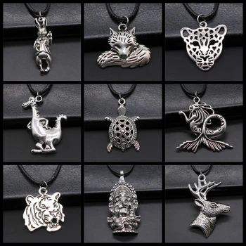 

Cute Animal Pendant Necklace Black Leather Chain Rabbit Tiger Deer Elephant Fox Dinosaur Sea Turtle Pendant Necklace