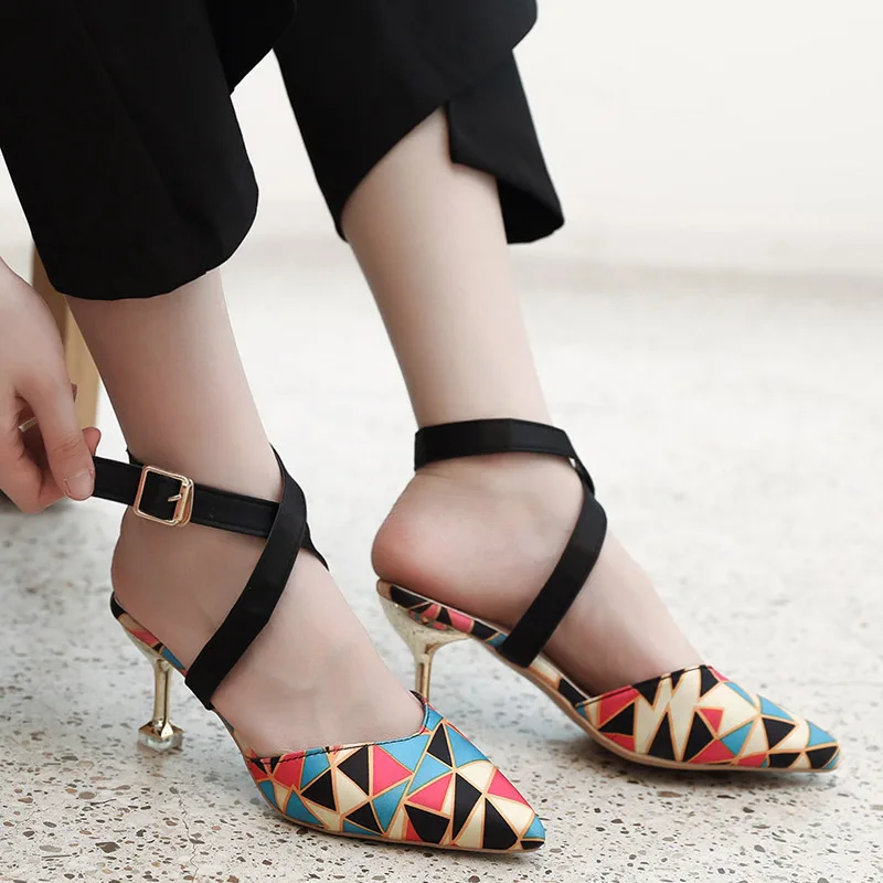 

Net red pointed sandals women's new summer cross tie thin heel one button color matching high heels