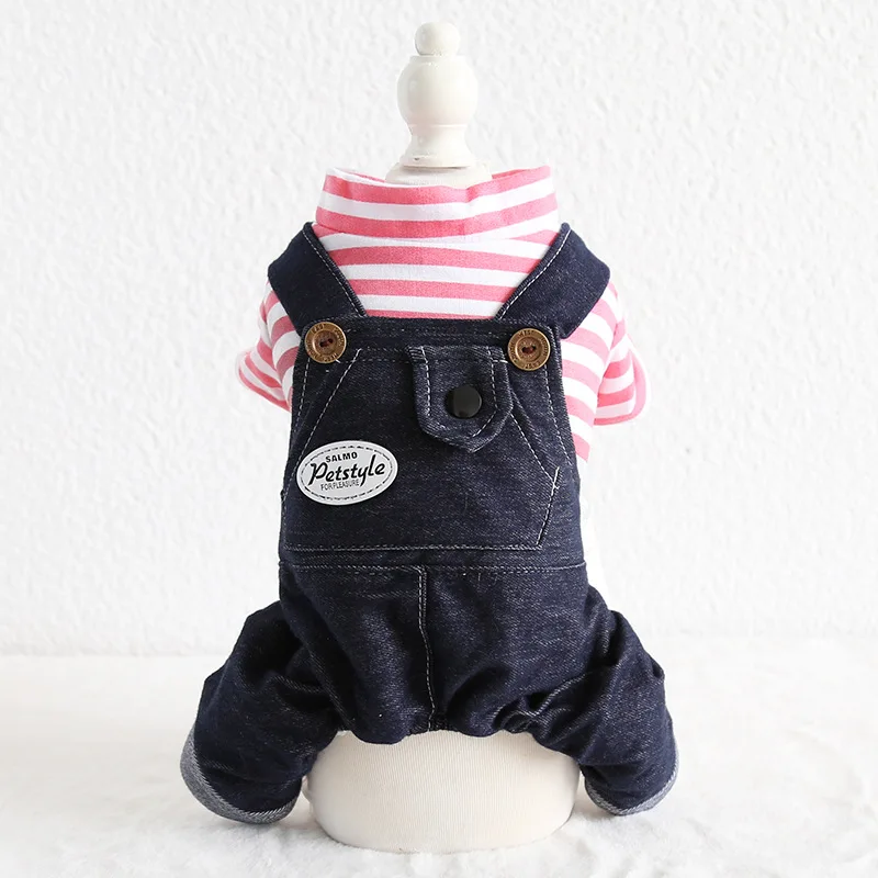 Autumn and Winter Newest Striped Design White Pink Colors Dog Clothes with Denim Trousers Four-legged Pet Dog Clothes