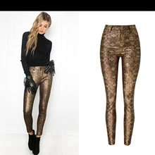 Осенне-зимние женские джинсовые штаны с высокой талией и золотым змеиным узором из искусственной кожи, модные повседневные джинсы K180