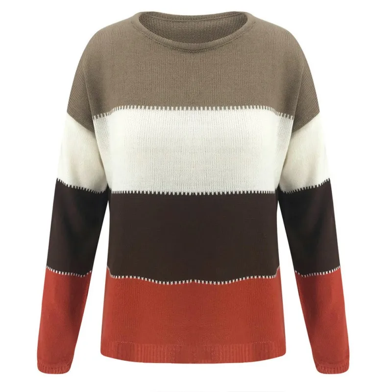 Вязаный свитер для женщин, осенний зимний полосатый принт, тонкий длинный рукав, круглый воротник, Тонкий Повседневный пуловер, свитера, женский свитер