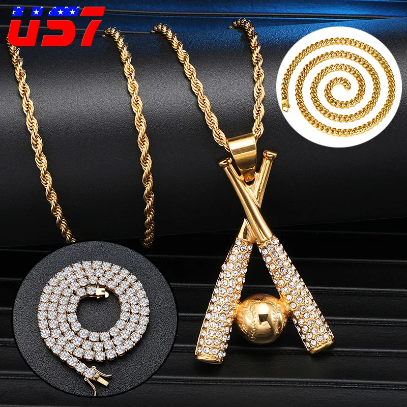 US7 Iced Out Baseball pendants Necklaces Men Stainless Steel Crystal