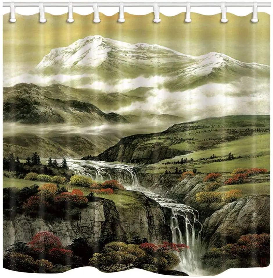 

Shower Curtain Plateau Iceberg Landscape, Forest Rivers Cliff and Maple Tree Scenery, Bathroom Decor Polyester Fabric with12hook