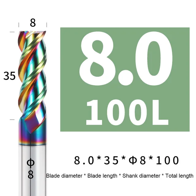 Colorful End Mill Aluminium HRC55 3F Milling Cutter Acrylic Wood Copper Plastic Cutting Tool CNC Maching Milling Tools Endmils 8X35XD8X100L