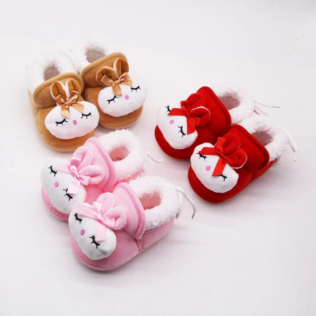 Зимняя хлопковая теплая детская обувь с кроликом из мультфильма, с бантом, с кружевом, с мехом, плюшевая обувь для малышей, для детей, для девочек, для мальчиков, зимние ботинки для девочек