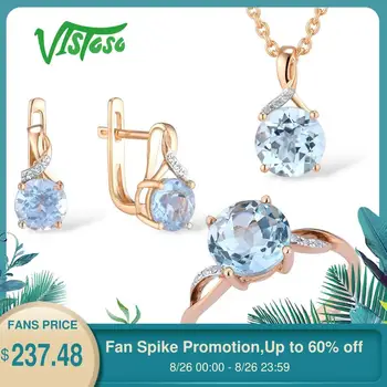 

VISTOSO Jewelry Set For Woman Pure 14K 585 Rose Gold Sparkling Sky Blue Topaz Diamond Earrings Ring Pendant Set Fine Jewelry