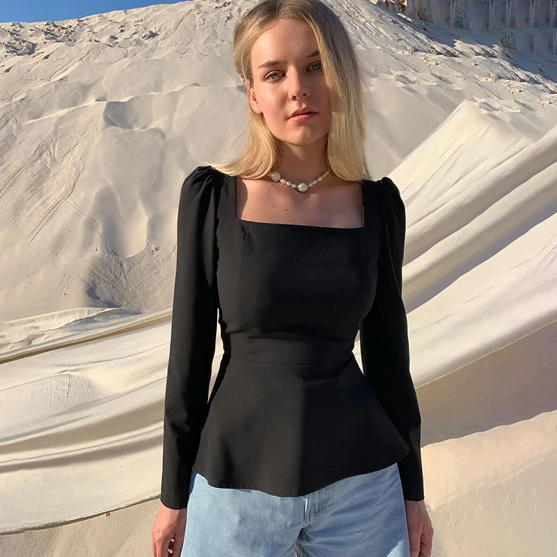 InstaHot черная плиссированная блузка с квадратным вырезом и подолом, повседневная Элегантная Женская приталенная рубашка с длинным рукавом, осенняя винтажная Офисная Женская рубашка