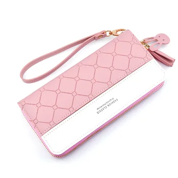 

New Women Long Wallet Patchwork Zipper Purse Checked Embossed Tassel Wallets Cute Simple Card Holder Phone Money Clutch Bag #20