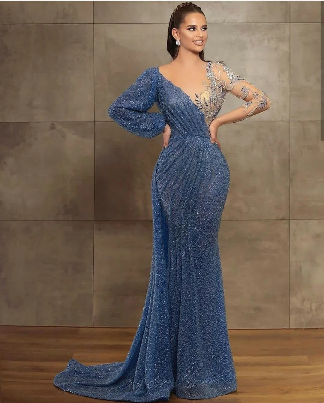 Blue Evening Gowns Sheer Jewel Neck Beaded Lace Long Sleeve Mermaid Prom Dress Sweep Train Custom Made Illusion Robes De Soirée