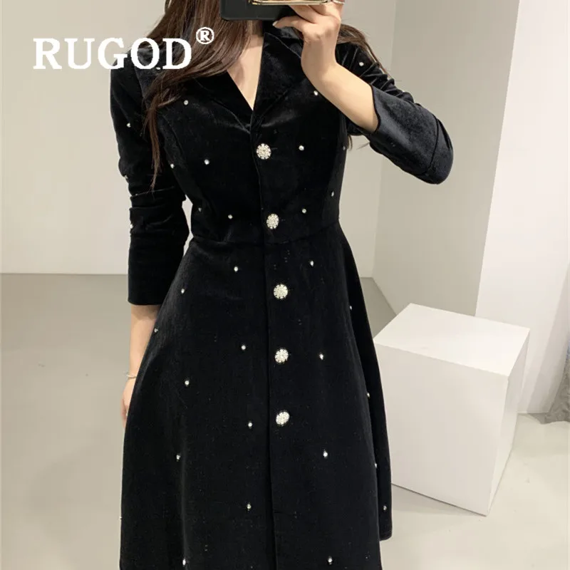 Платья женские RUGOD, элегантное бархатное платье с бусинами, женское модное платье-рубашка с длинными рукавами и пуговицами, офисное платье для девушек, черное платье Vestidos