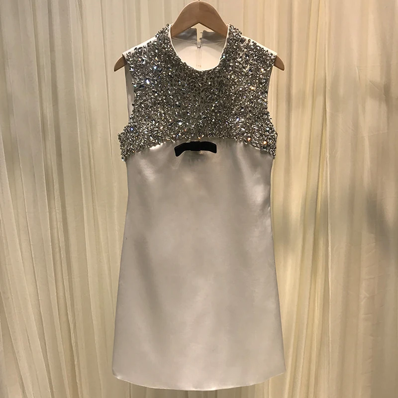 

Women Elegant Glitter Rhinestone Summer Dress Sleeveless Bow High Waist Diamonds White Mini Dress