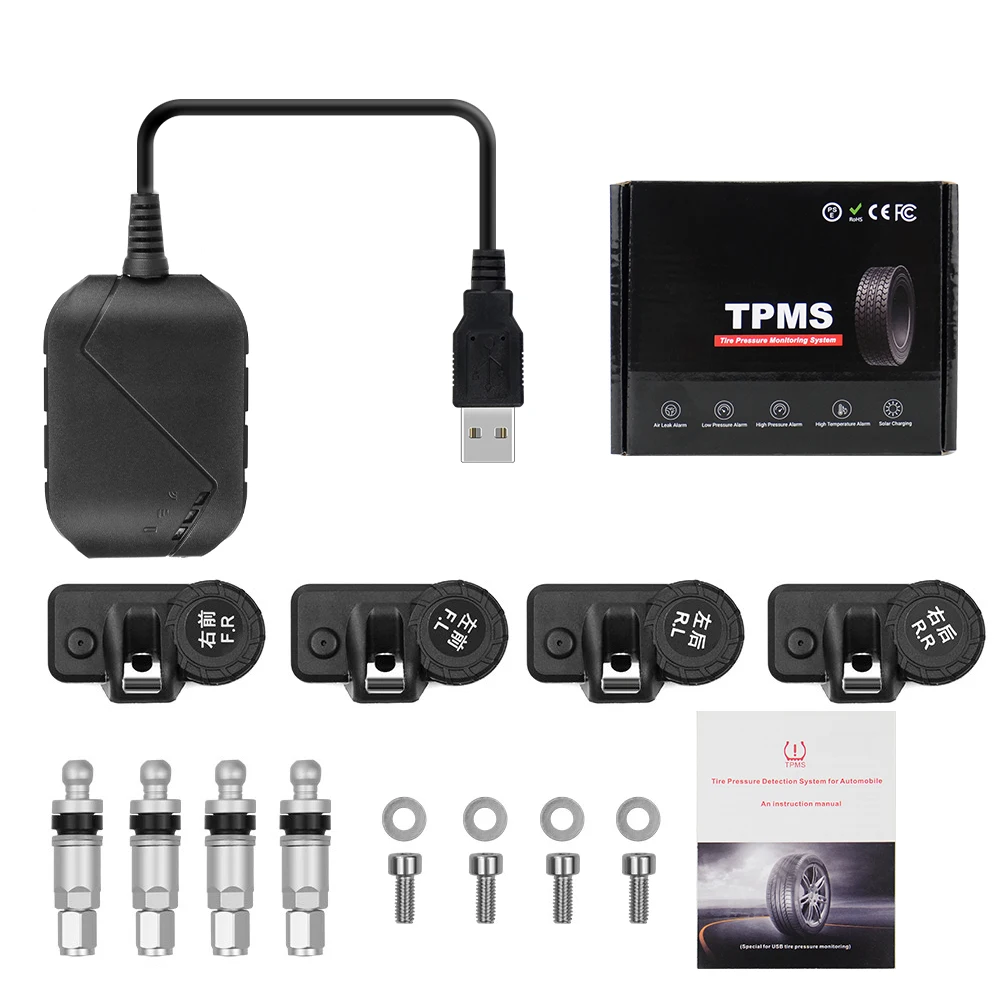USB Android TPMS Car Tire Pressure Monitor With 4 External Sensors 116 psi Monitoring Alarm System 5V Wireless Transmission TPMS