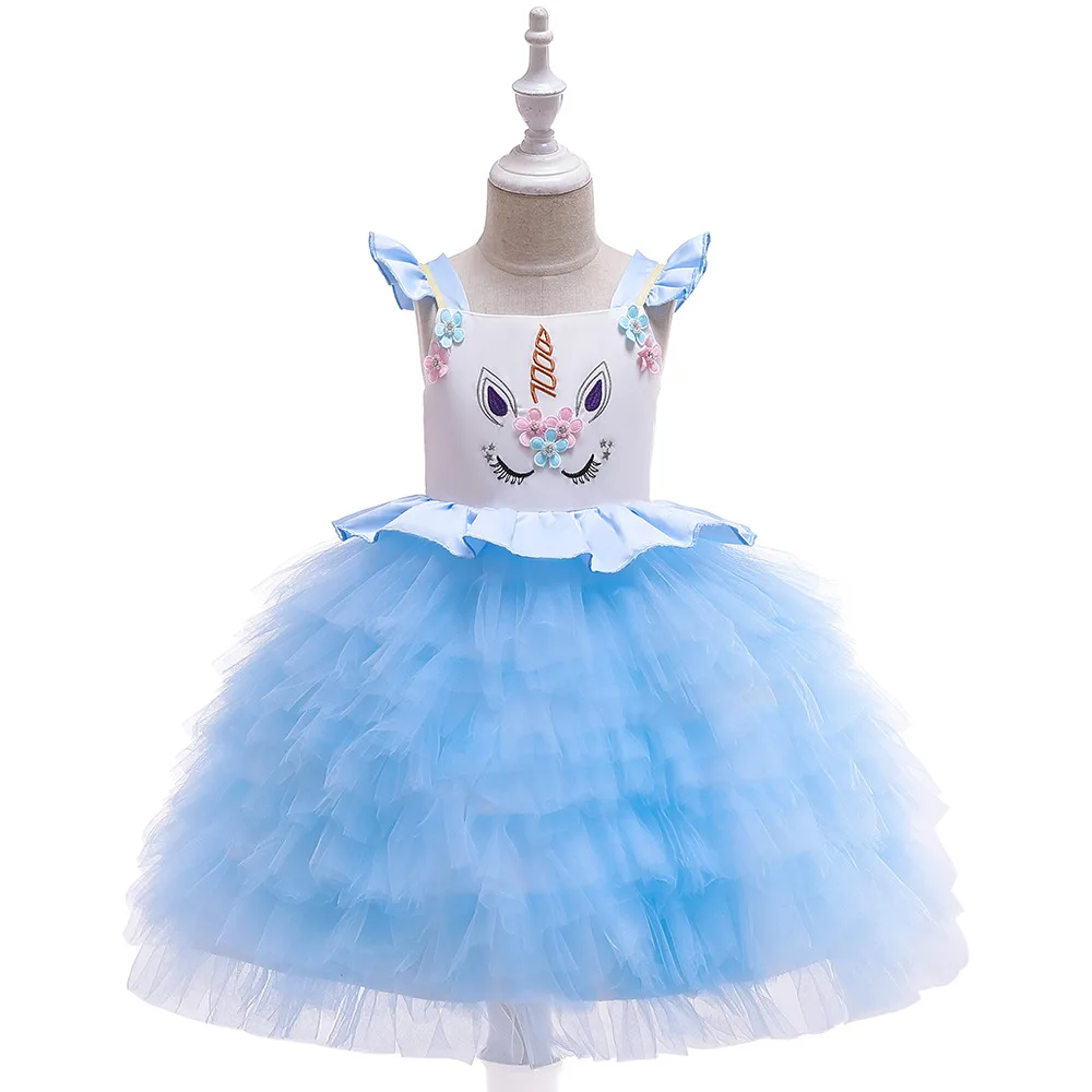 Новое платье с единорогом детские рождественские платья для девочек, Костюм Детское платье принцессы для девочек, праздничное платье для девочек 3-6, 7, 8, 9, 10 лет - Цвет: DJS005-blue
