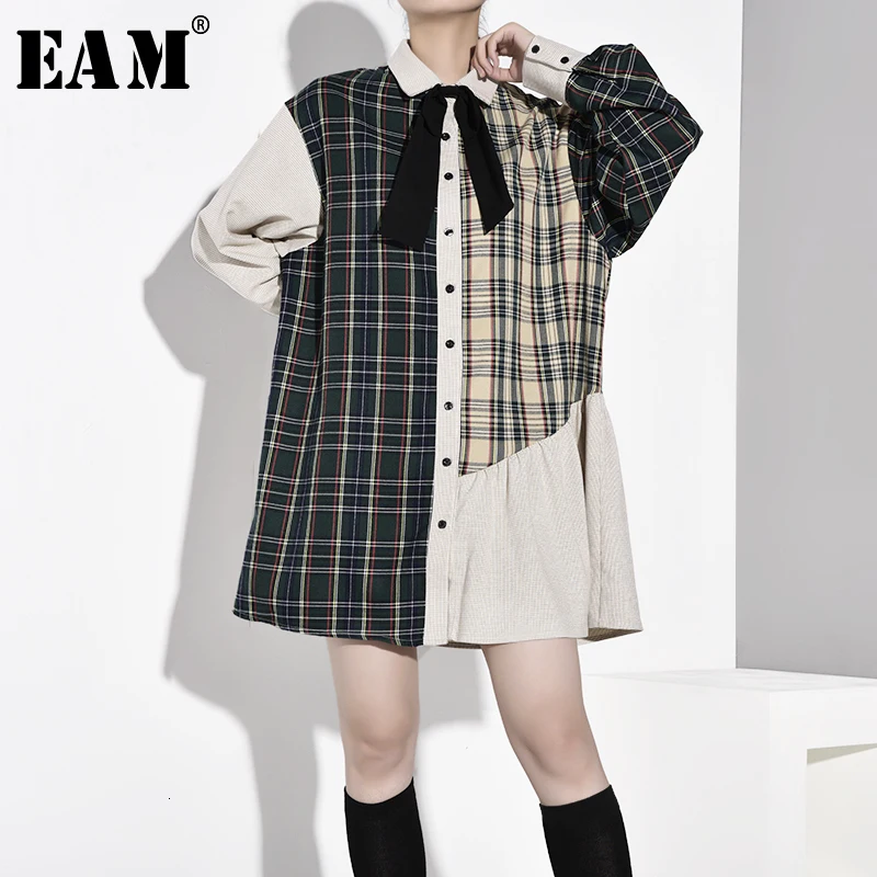 

[EAM] Women Plaid Bandage Bow Pleated Big Size Dress New Lapel Long Sleeve Loose Fit Fashion Tide Spring Autumn 2019 1B7570
